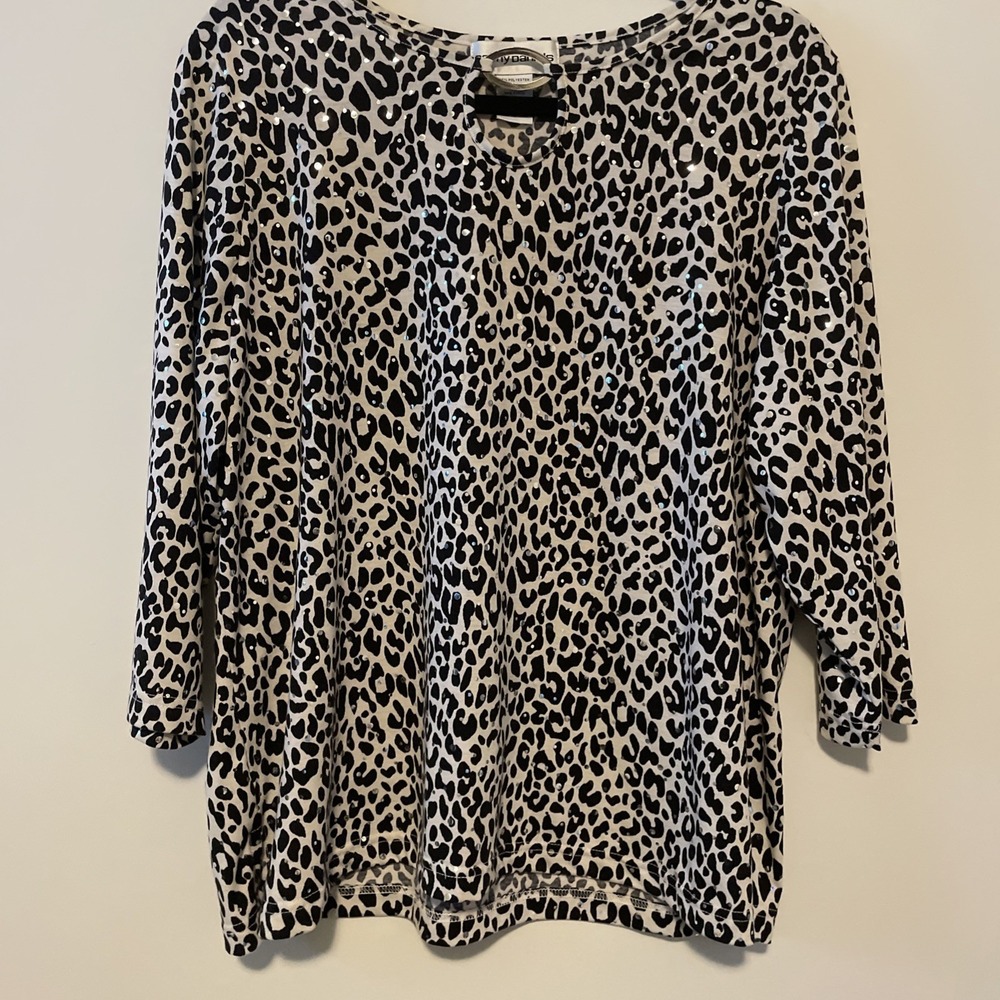 Cathy Daniels XL Leopard Print Top Black Beige Sequins Keyhole Stretch